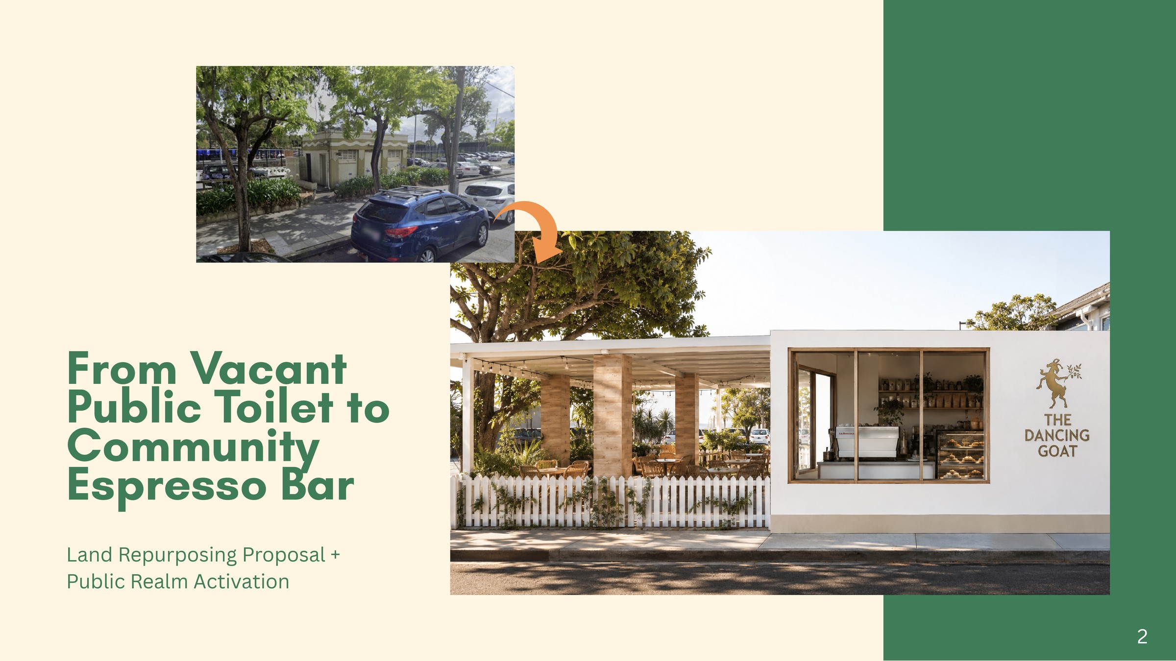 The Dancing Goat — cover slide, from vacant public toilet to community espresso bar