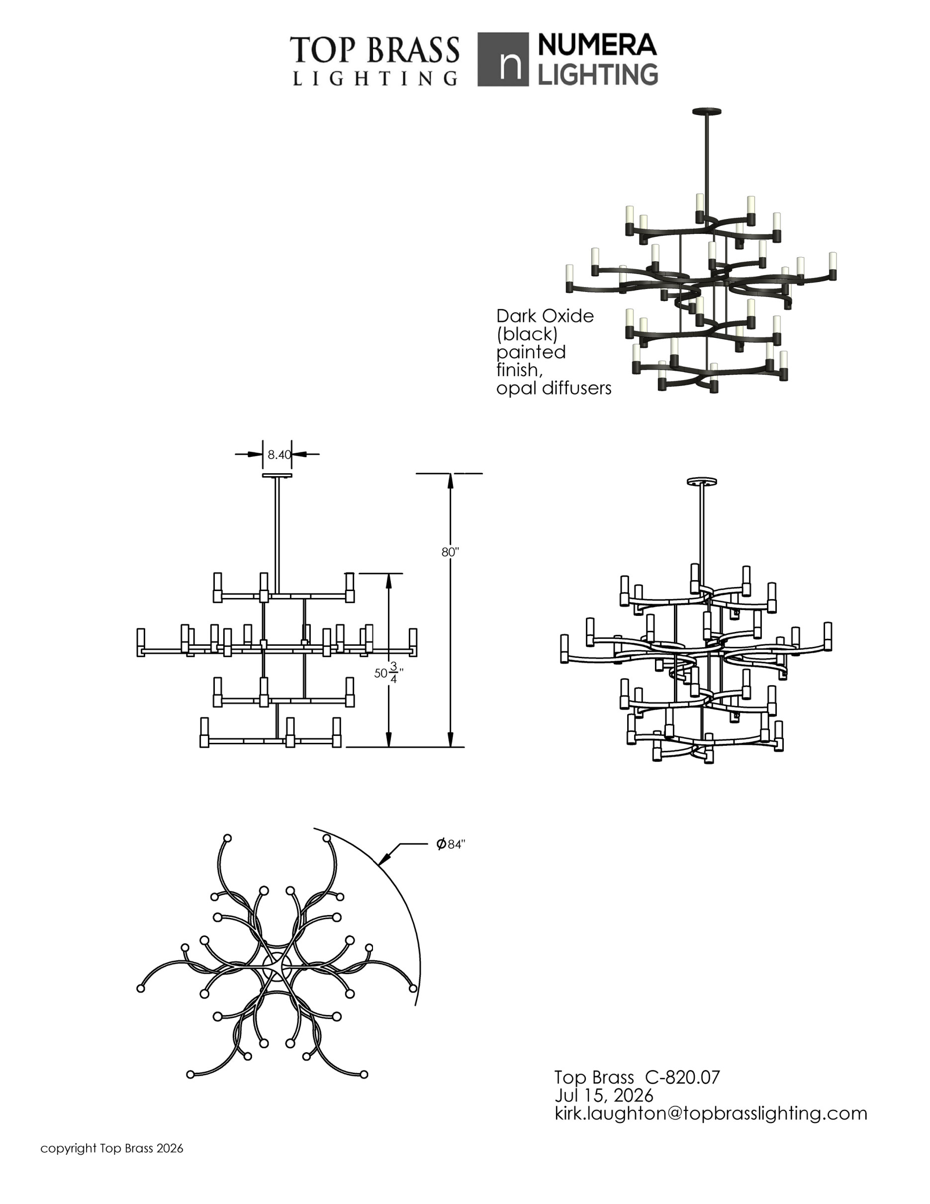 Top Brass Lighting C-820.07 tear sheet — 24-arm sculptural chandelier, dimensioned elevation and plan, Dark Oxide (black) painted finish with opal diffusers
