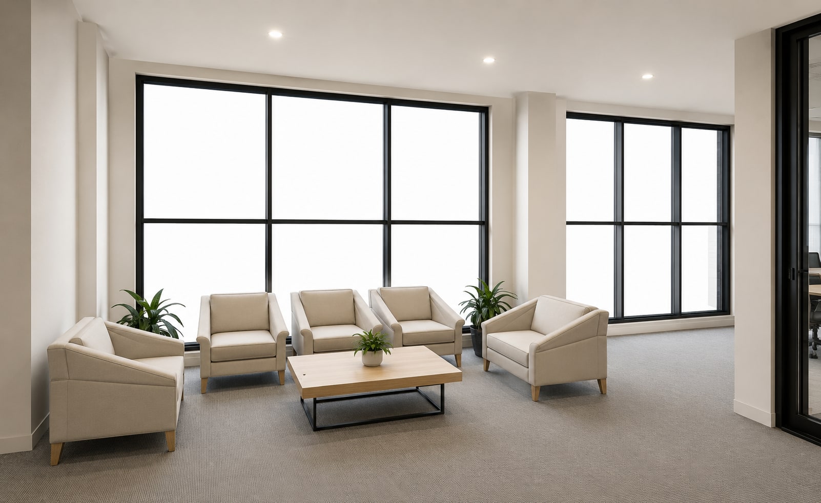 Wagdy Moamen — lounge / waiting area, final photoreal interior render with cream armchairs and wood coffee table