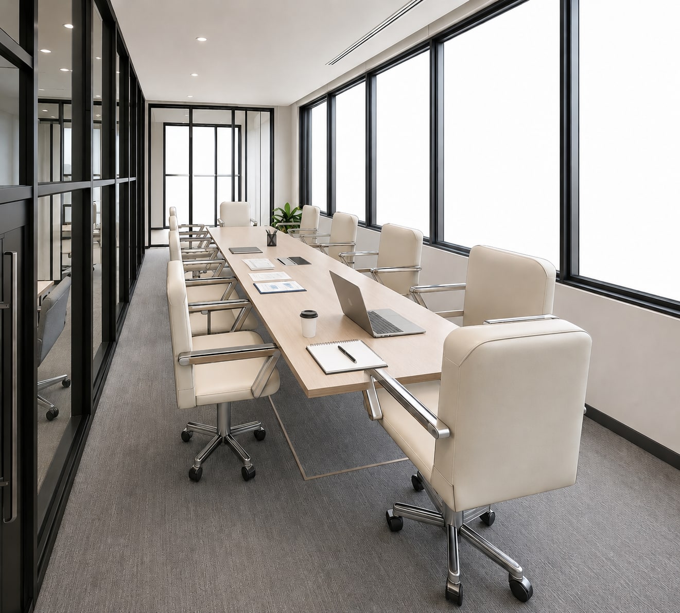 Wagdy Moamen — meeting room, final photoreal interior render with cream chairs, wood table and floor-to-ceiling windows