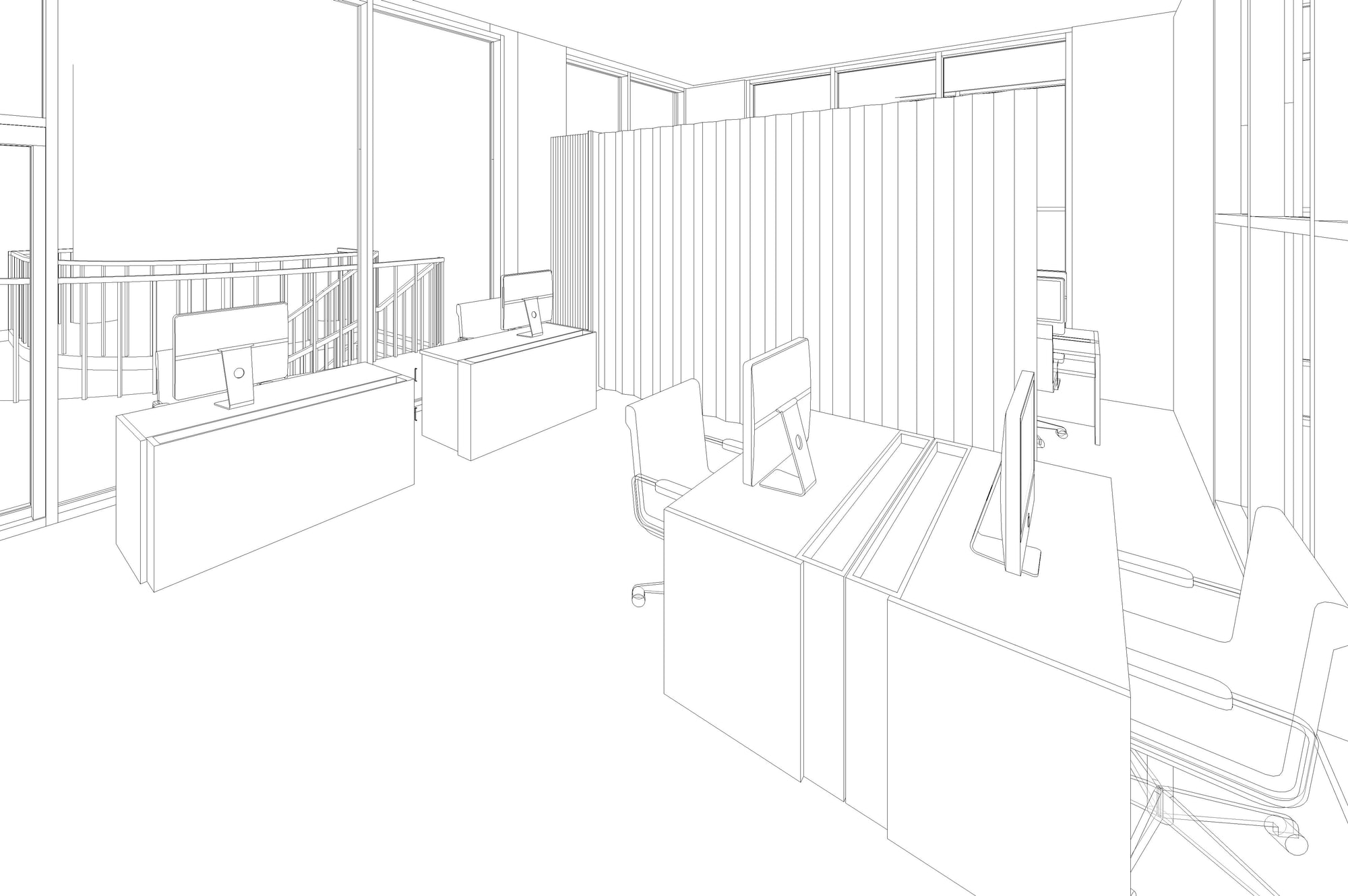 Wagdy Moamen — open office space, 3D model wireframe in Revit before rendering