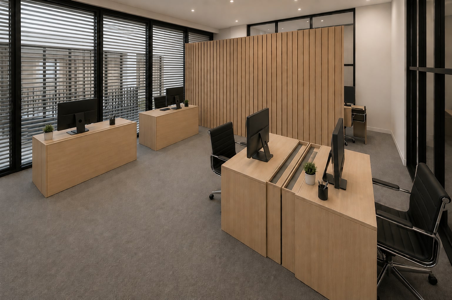 Wagdy Moamen — open office space, final photoreal interior render with light-wood desks, black task chairs, vertical wood-slat partition and floor-to-ceiling windows with blinds